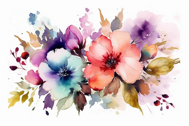 Eine Aquarellmalerei von Blumen mit einem lila Hintergrund.