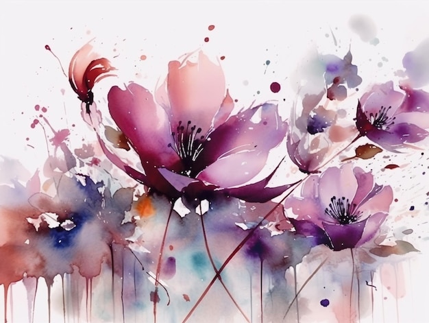 Eine Aquarellmalerei von lila Blumen mit einem lila Hintergrund.