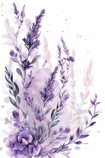 Eine Aquarellmalerei von lila Blumen.