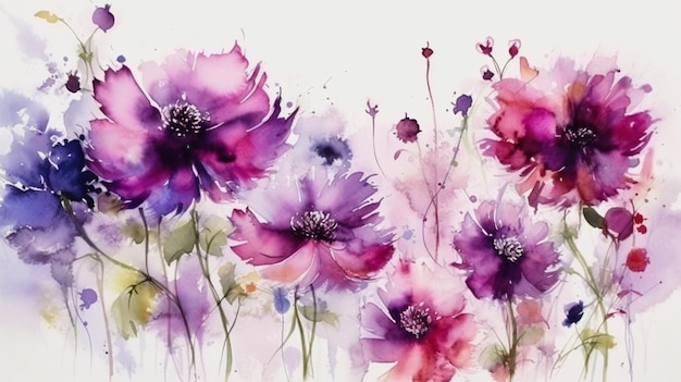 Eine Aquarellmalerei von lila Blumen.