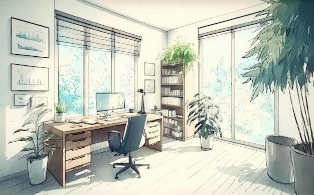 Eine Aquarellskizze eines Heimbüros mit einem großen Fenster-Bürodesign-Interieur wird generiert