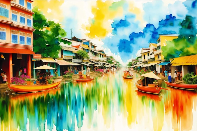 Eine Aquarellstadt. Farben Thailands. Aquarellmalerei einer thailändischen Stadt. Generative KI