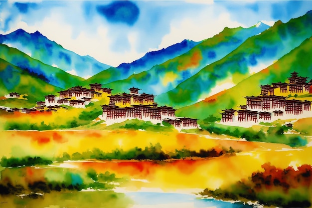 Eine Aquarellstadt Tibet Bezaubernde Gelassenheit Aquarellmalerei eines tibetischen Dorfes Generative KI
