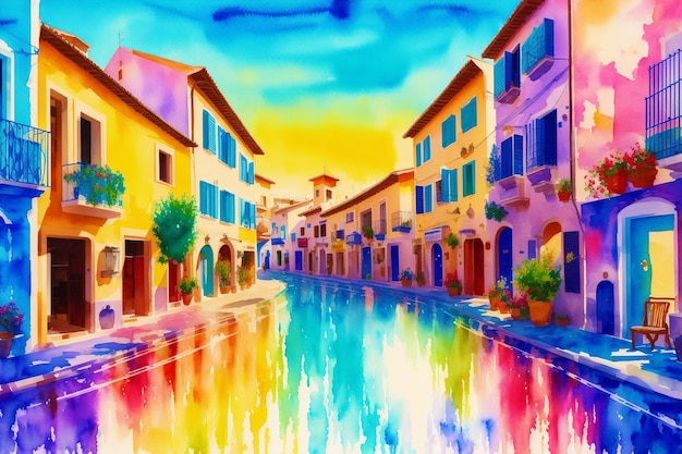 Eine AquarellstadtMediterranes Paradies Aquarellmalerei einer bezaubernden griechischen Stadt Generative KI