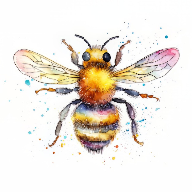 Eine Aquarellzeichnung einer Biene mit blauen Augen und gelben Flügeln.