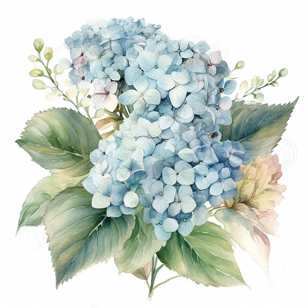 Eine Aquarellzeichnung einer blauen Hortensie mit Blättern.