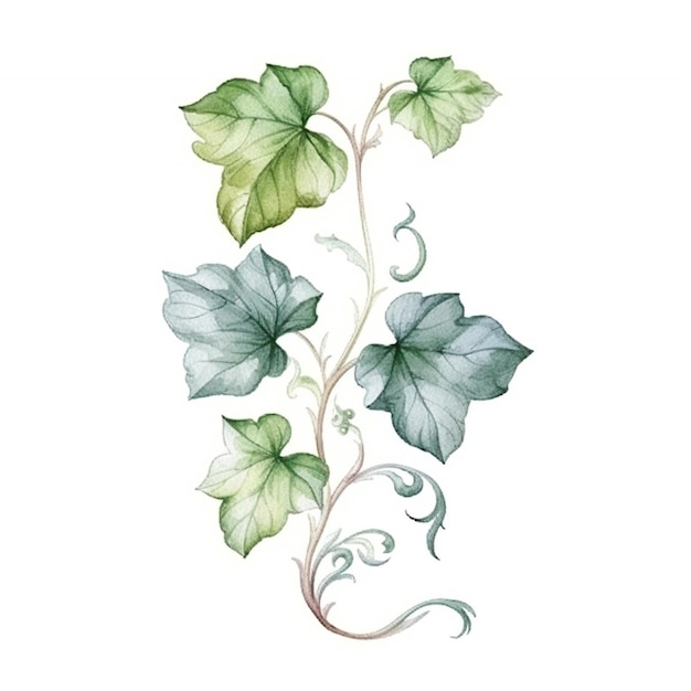Eine Aquarellzeichnung einer Rebe mit grünen Blättern.