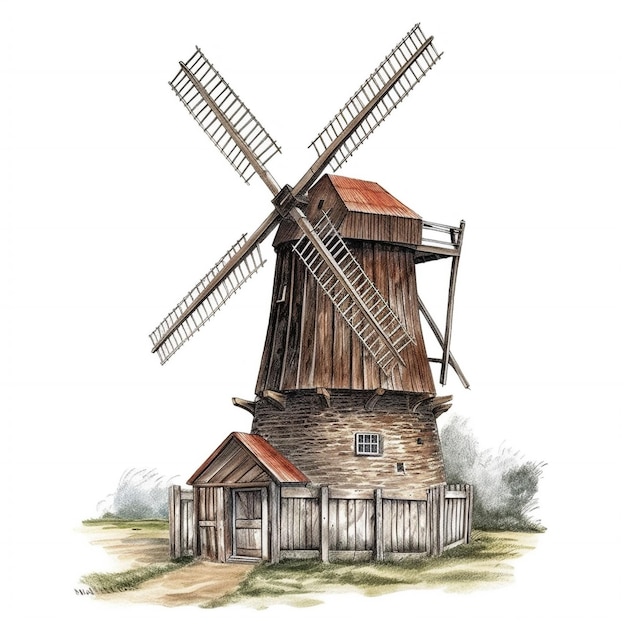 Eine Aquarellzeichnung einer Windmühle auf dem Land