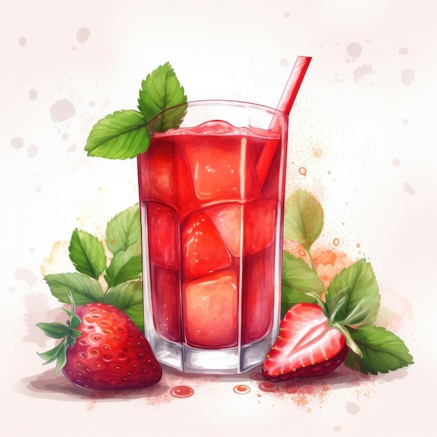Eine Aquarellzeichnung eines Glases Erdbeersaft.