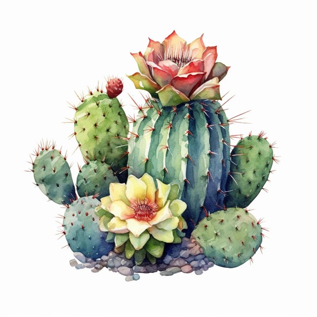 Eine Aquarellzeichnung eines Kaktus mit einer Blume.