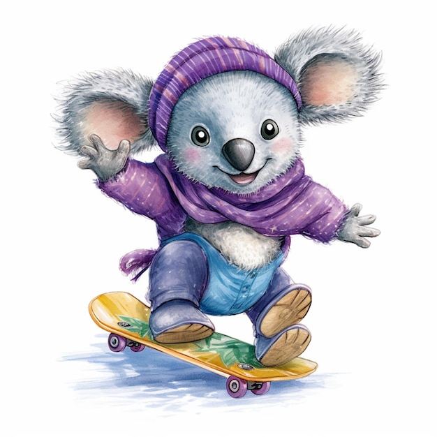 Eine Aquarellzeichnung eines Koalas beim Skateboarden.