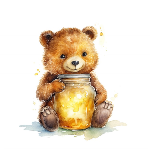 Foto eine aquarellzeichnung eines süßen bären, der ein einmachglas hält