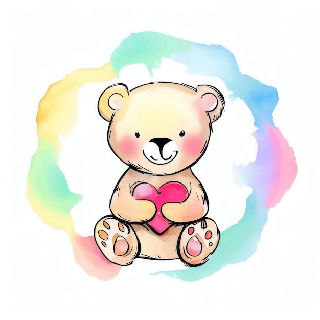 Eine Aquarellzeichnung eines Teddybären, der ein Herz hält.