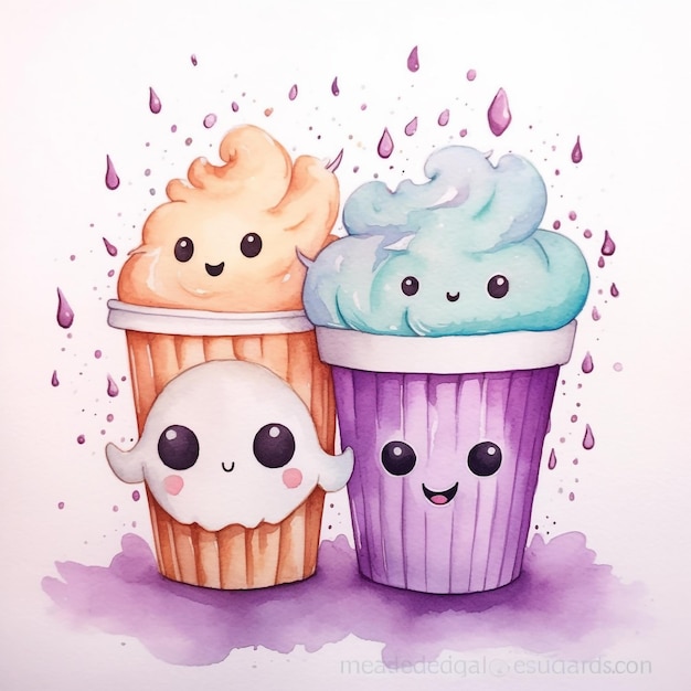 Eine Aquarellzeichnung von drei Cupcakes mit einem Gesicht und einem Smiley.