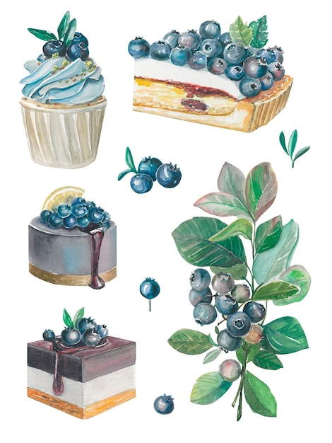 Foto eine aquarellzeichnung von kuchen und einem zweig blaubeeren.