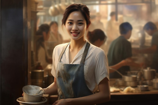 Eine asiatische Arbeiterin, die Kunden bedient