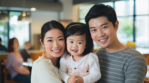 Eine asiatische Familie macht ein Foto mit ihrem Kind in einem Café