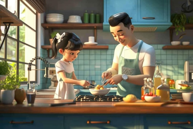 Eine asiatische Familie spielt und kocht zu Hause in der Küche.