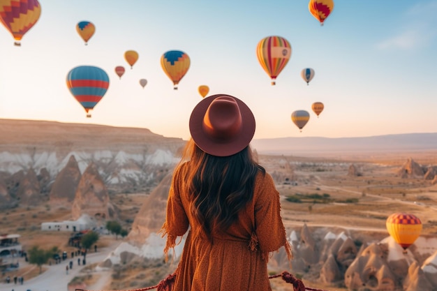 Eine asiatische Frau beobachtet Heißluftballons in Kappadokien, Türkei