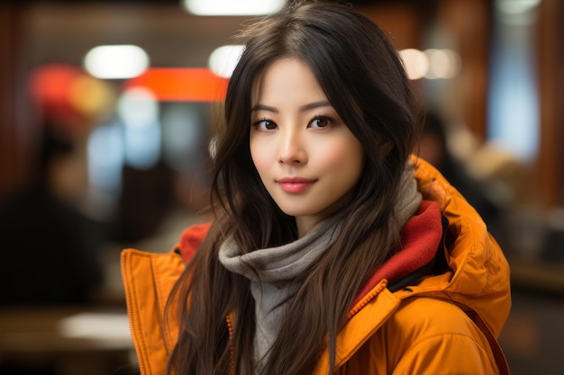 eine asiatische Frau, die eine orangefarbene Jacke und einen Schal trägt