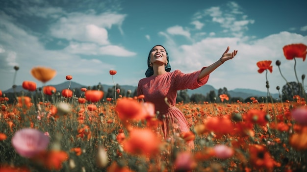 Eine asiatische Frau in einem Blumenfeld mit Himmelshintergrund Generative KI