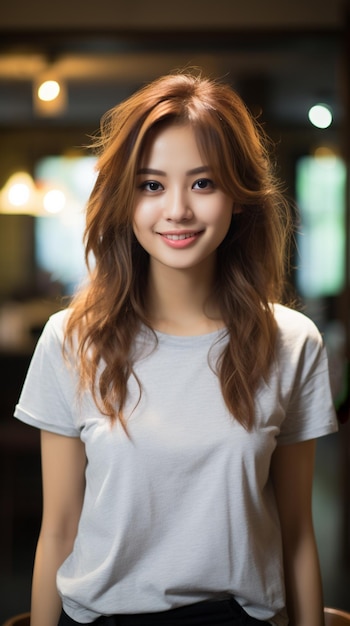 Eine asiatische Frau in einem grauen T-Shirt lächelt auf einem verschwommenen Hintergrund