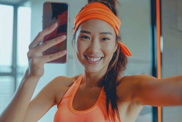 Eine asiatische Frau macht ein Selfie in Sportbekleidung