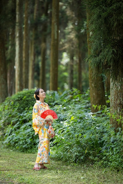 Eine asiatische Frau versucht, einen japanischen Kimono im Bambuswald zu tragen
