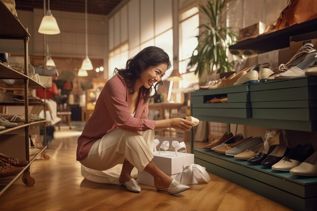 Eine asiatische Frau wählt in einem Geschäft Schuhe aus