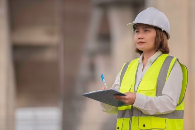 Eine asiatische Ingenieurin arbeitet auf der Baustelle einer Autobahnbrücke.