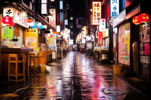 eine asiatische Stadtstraße bei Nacht mit Neonschildern