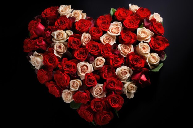 Eine atemberaubende Anordnung von roten und weißen Rosen in Form eines Herzens, die Liebe und Romantik symbolisieren, ein Bündel von Rosen, die in einer Herzform angeordnet sind, KI generiert