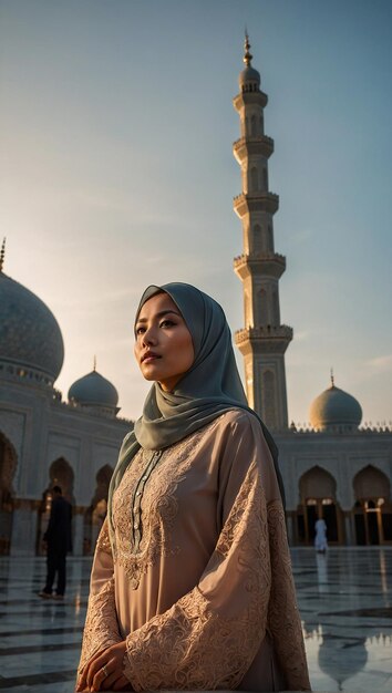 Eine atemberaubende asiatische Frau, geschmückt und vor einer wunderschön detaillierten Moschee stehend