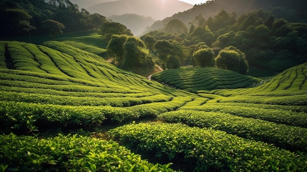 Eine atemberaubende Aufnahme einer Teeplantage mit Reihen üppiger grüner Teebüsche, die sich bis zum Rand erstrecken