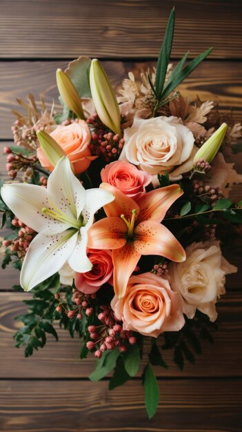 Eine atemberaubende Aufnahme eines Blumenarrangements auf einem Holztisch mit einer Mischung aus Rosen und Lilien