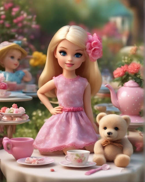 Eine atemberaubende Barbie mit ihrer Freundin, die abends mit einer Haustierpuppe Tee trinkt