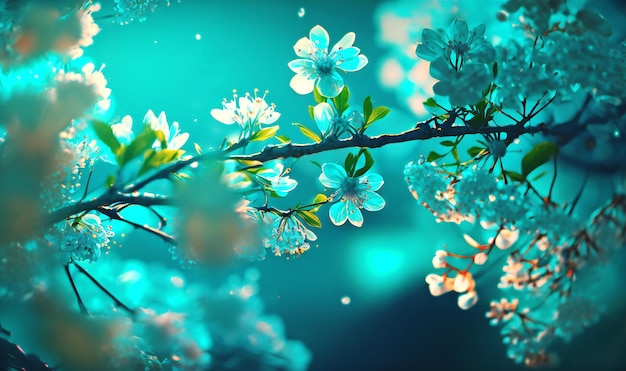 Eine atemberaubende Darstellung von Frühlingskirschblütenzweigen auf einem türkisblauen Hintergrund