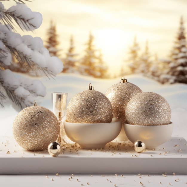 Eine atemberaubende gold-weiße Weihnachtsszene mit schimmernden Kugeln und einem schneebedeckten Hintergrund