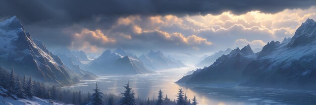 Eine atemberaubende Illustration einer ruhigen und friedlichen Naturszene mit Bergen, einem Fluss mit bewölktem Himmel und Bäumen mit einer nebligen und nebligen Atmosphäre