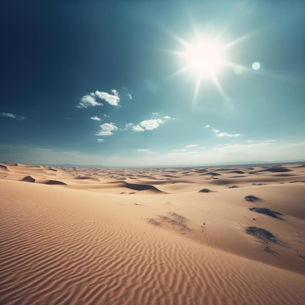 Eine atemberaubende islamische Wüstenlandschaft mit hoch aufragenden Sanddünen und endlosem blauen Himmel