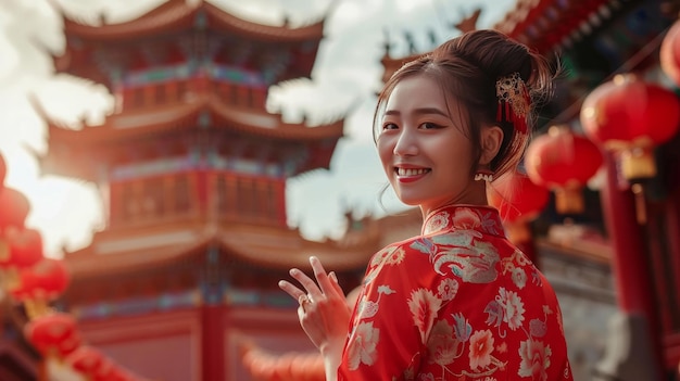 Eine atemberaubende junge asiatische Frau, gekleidet in ein rotes chinesisches Cheongsam Qipao, steht vor einem