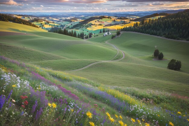 Eine atemberaubende Landschaft aus sanften Hügeln und lebendigen Wildblumen, geschaffen von Ai