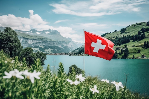 eine atemberaubende Landschaft entfaltet sich mit einem unberührten Bergsee und der Schweizer Flagge, die stolz gegen einen Hintergrund aus blauem Himmel und hoch aufragenden Gipfeln schwingt