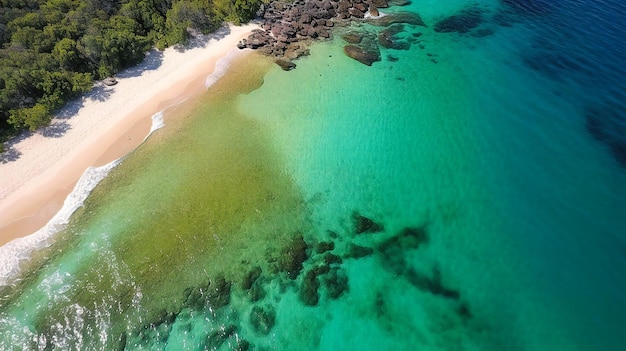 Eine atemberaubende Luftaufnahme eines unberührten Strandes, die ein Gefühl von Ruhe und natürlicher Schönheit hervorruft