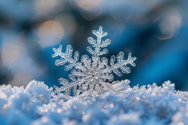 Eine atemberaubende Makroansicht auf eine komplizierte Schneeflocke auf einer frostigen Oberfläche