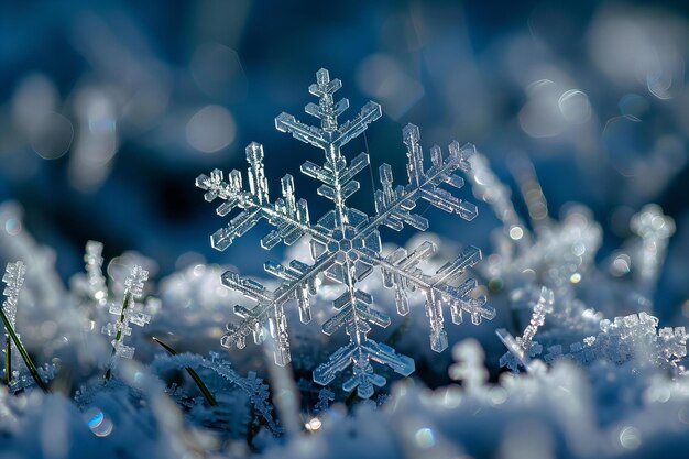 Eine atemberaubende Makroaufnahme einer Schneeflocke im Winterlicht