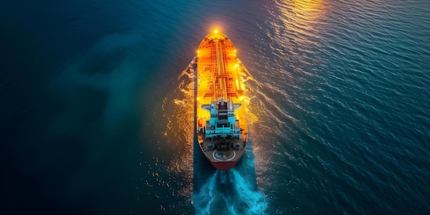 Eine atemberaubende Nachtansicht eines Tankerschiffs im offenen Meer Konzept Nachtfotografie Luftansicht Tankerschiff Offenes Meer Atemberaubende Landschaft