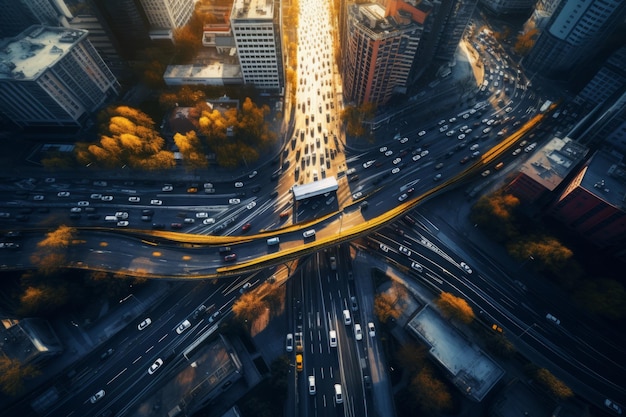 Eine atemberaubende Perspektive aus der Luft, die die Majestät der sich auf den Straßen bewegenden Autos einfängt