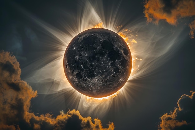 Eine atemberaubende Sonnenfinsternis mit strahlenden Sonneneruptionen über dem Wolkhorizont