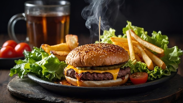 Eine atemberaubende Szene mit einem sizzlingen Teller Rindfleisch-Bacon und einem saftigen Rindfleischburger